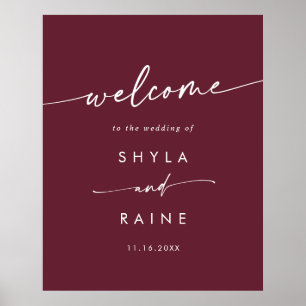 Póster Letrero de bienvenida de boda rojo borgoña boho ch