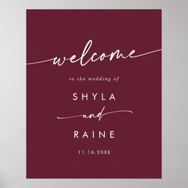 Póster Letrero de bienvenida de boda rojo borgoña boho ch (Frente)