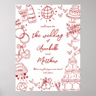 Póster Letrero de bienvenida de boda rojo y peculiar dibu