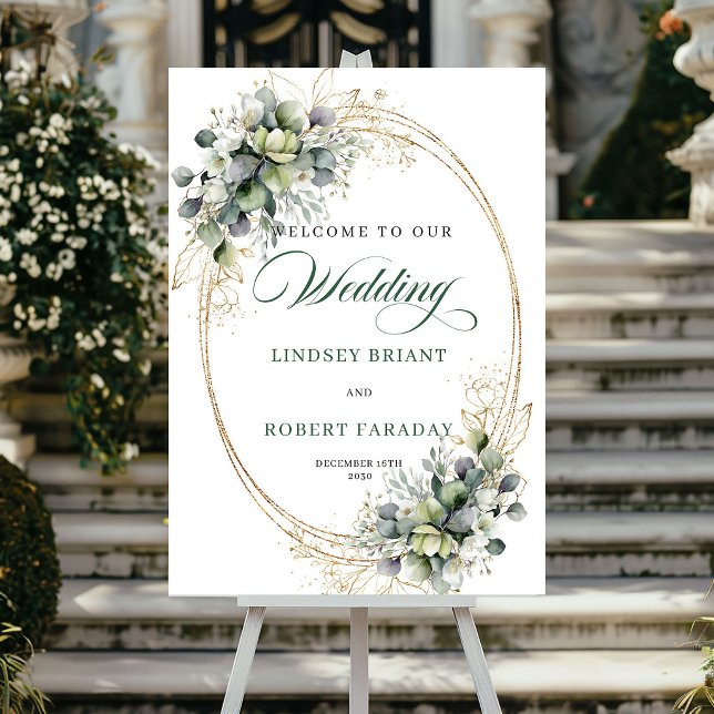 Póster Letrero de bienvenida de boda romántico verde y do (Romantic Green and Gold Wedding Welcome Sign)
