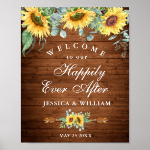 Póster Letrero de bienvenida de boda rústica con girasole