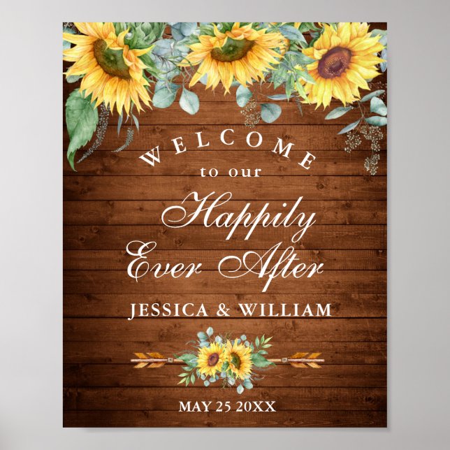 Póster Letrero de bienvenida de boda rústica con girasole (Frente)