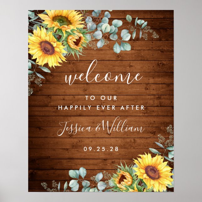 Póster Letrero de bienvenida de boda rústica con girasole (Frente)