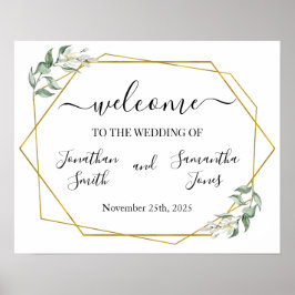 Póster Letrero de bienvenida de boda verde dorado geométr