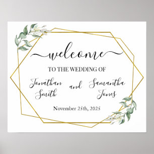 Póster Letrero de bienvenida de boda verde dorado geométr