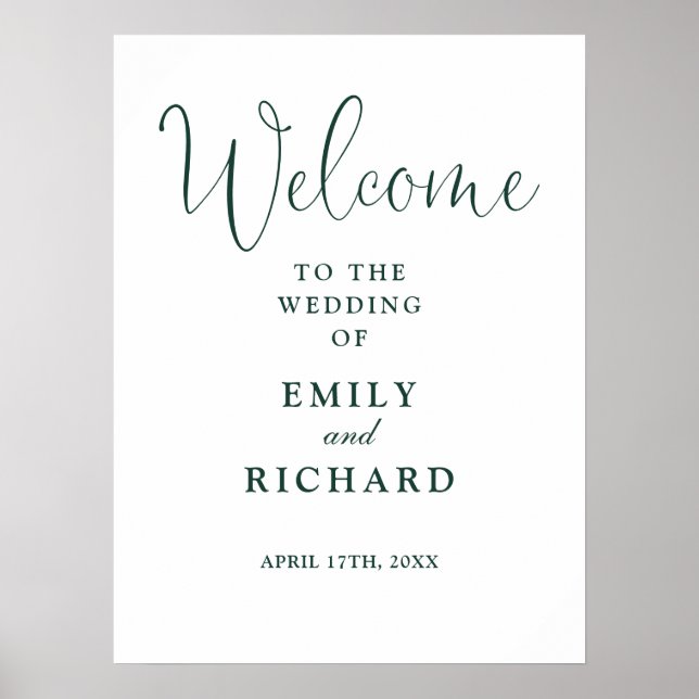 Póster Letrero de bienvenida de boda verde esmeralda eleg (Frente)