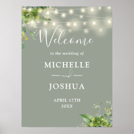 Póster Letrero de bienvenida de boda verde salvia Luces d
