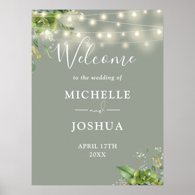 Póster Letrero de bienvenida de boda verde salvia Luces d (Frente)