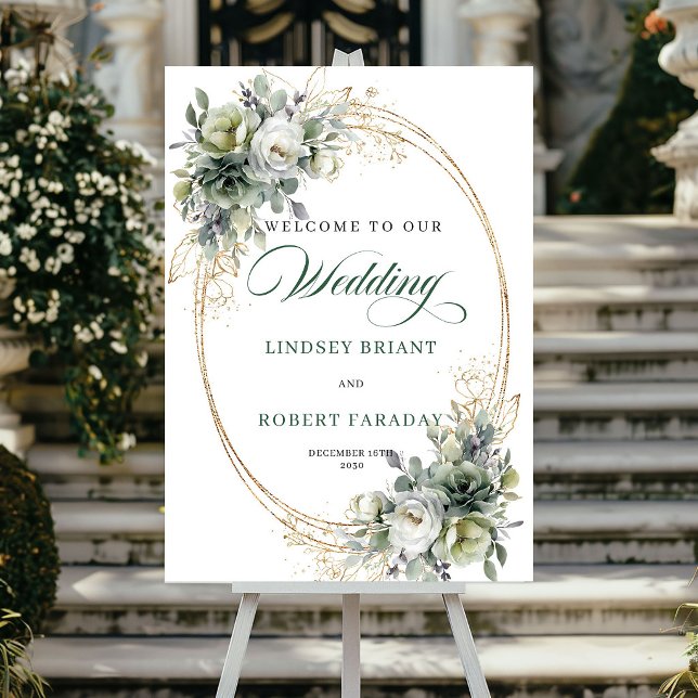 Póster Letrero de Bienvenida de Boda Verde y Blanco Elega (Elegant Green and White Wedding Welcome Sign)