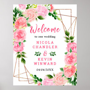 Póster Letrero de Bienvenida de Bodas con Rosas Rosadas y