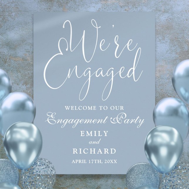 Póster Letrero de Bienvenida de Compromiso Dusty Blue Est (Dusty Blue We're Engaged Engagement Welcome Sign)