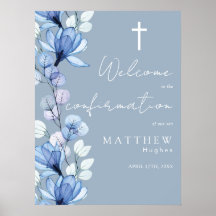 Letrero de bienvenida de confirmación floral azul 