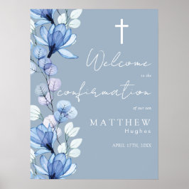 Póster Letrero de bienvenida de confirmación floral azul 