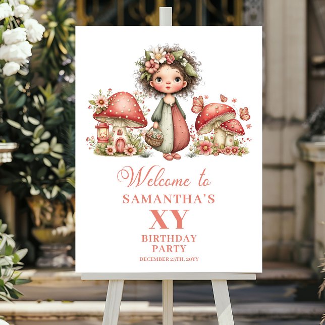 Póster Letrero de bienvenida de cumpleaños con rubor de h (Whimsical Pink Fairy Blush Birthday Welcome Sign)