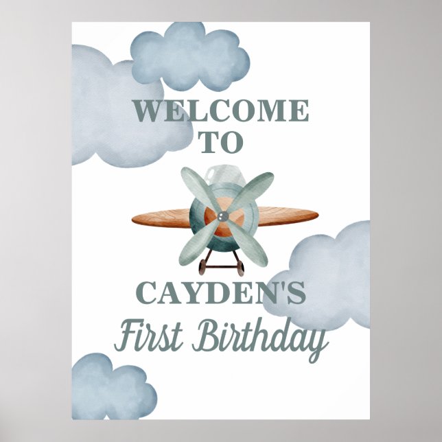 Póster Letrero de bienvenida de cumpleaños de avión El ti (Frente)