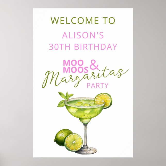Póster Letrero de bienvenida de cumpleaños rosa MooMoos & (Frente)