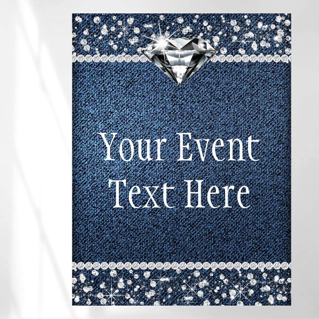Póster Letrero de bienvenida de diamante de mezclilla (Pretty denim and diamond event sign with beautiful diamonds and denim background. Add your text.)