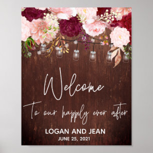 Póster Letrero de bienvenida de frasco de Mason floral ro