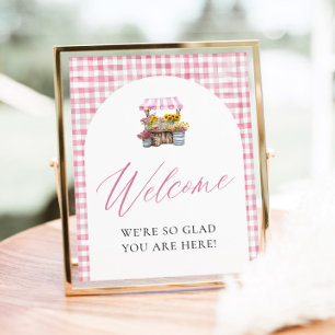 Póster Letrero de bienvenida de gingham rosa recién salid
