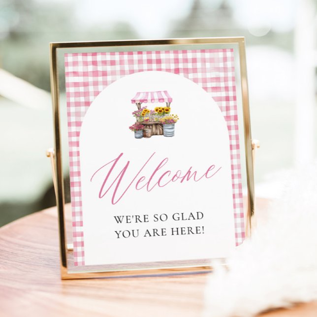 Póster Letrero de bienvenida de gingham rosa recién salid (Pink Gingham Fresh Off The Market Welcome Sign)