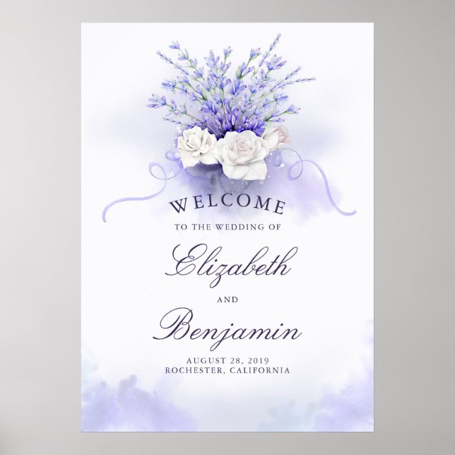 Póster Letrero de bienvenida de Lavenders y rosas blancas (Frente)