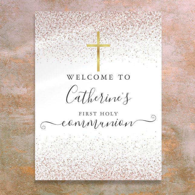 Póster Letrero de bienvenida de Primera Comunión con bril (Rose Gold Glitter Holy Communion Welcome Sign)