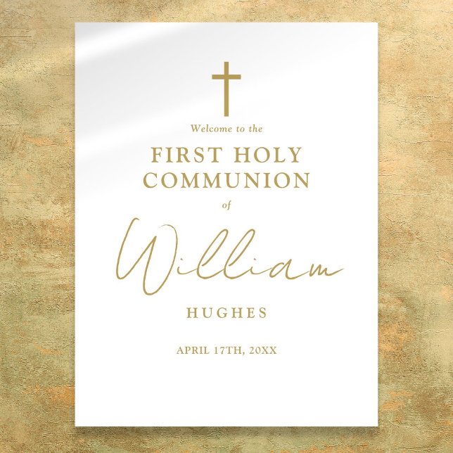 Póster Letrero de bienvenida de Primera Comunión en guión (Chic Gold Script First Holy Communion Welcome Sign)