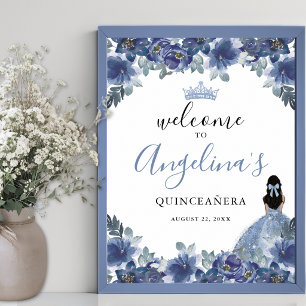 Póster Letrero de Bienvenida de Quinceañera Azul Floral