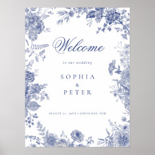 Póster Letrero de Bienvenida Floral Azul Francés Toile El