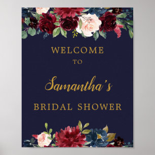 Póster Letrero de bienvenida floral burgundy navy totalme