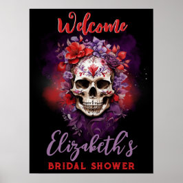 Póster Letrero de Bienvenida Floral Calavera Rojo/Púrpura