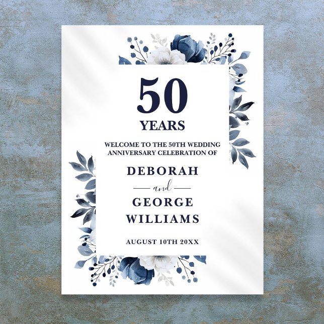 Póster Letrero de bienvenida floral por aniversario de bo (Navy 50th Wedding Anniversary Floral Welcome Sign)
