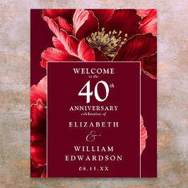 Póster Letrero de Bienvenida Floral Rojo Rubí 40º Anivers