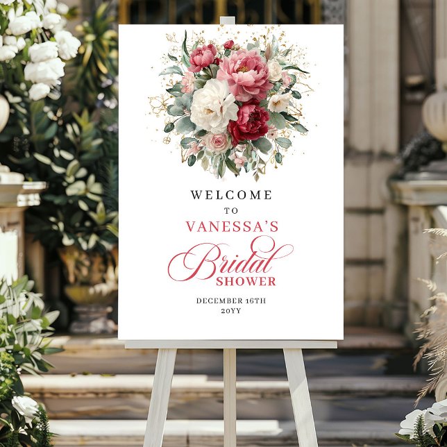 Póster Letrero de Bienvenida Floral Rosa Burdeos Personal (Personalized Burgundy Blush Floral Welcome Sign)