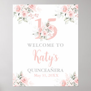 Póster Letrero de bienvenida floral rosa Quinceanera