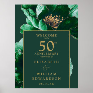 Póster Letrero de bienvenida floral verde oro 50 aniversa