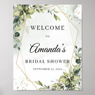 Póster Letrero de bienvenida geométrico dorado con follaj