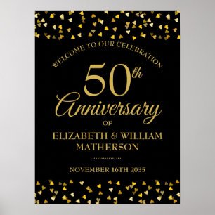 Póster Letrero de bienvenida negro y dorado del 50 aniver