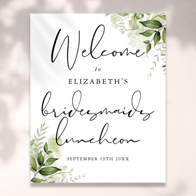 Póster Letrero de bienvenida para almuerzo de damas de ho (Greenery Bridesmaids Luncheon Welcome Sign)