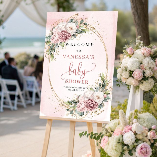 Póster Letrero de Bienvenida para Baby Shower Boho Dusty  (Boho Dusty Pink Floral Baby Shower Welcome Sign)