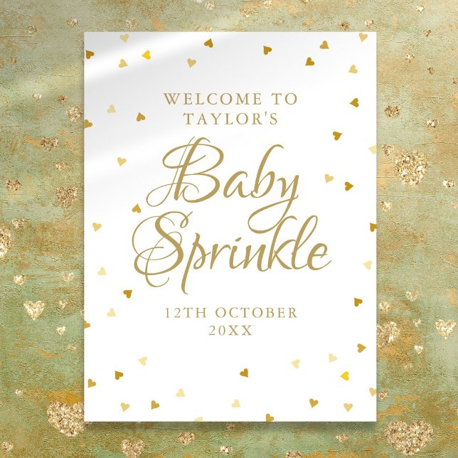 Póster Letrero de bienvenida para baby shower con corazon (Gold Hearts Baby Shower Sprinkle Welcome Sign)