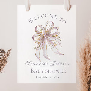 Póster Letrero de bienvenida para baby shower con lazo pú