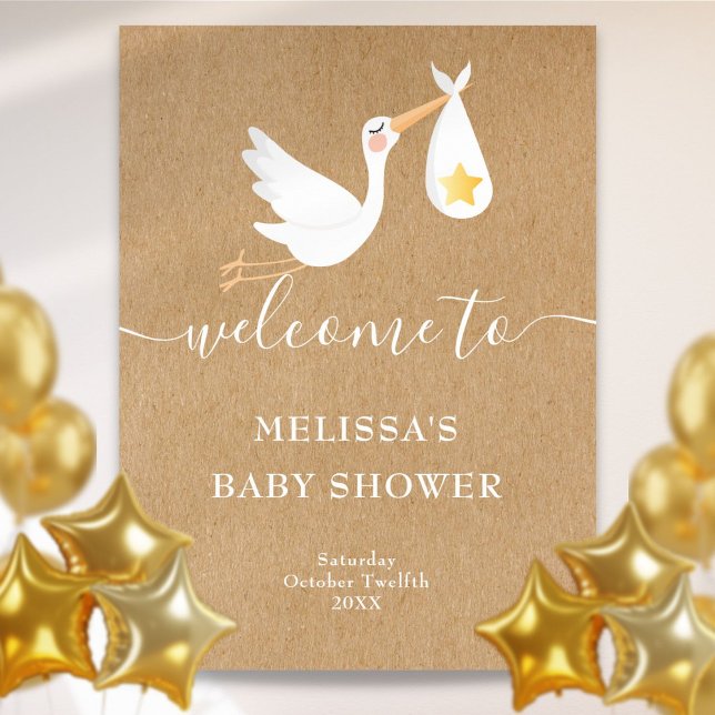 Póster Letrero de Bienvenida para Baby Shower Estrella Do (Rustic Stork Gold Star Baby Shower Welcome Sign)