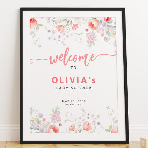 Póster Letrero de bienvenida para baby shower floral acua