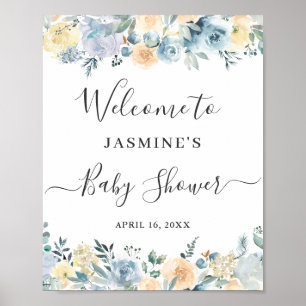 Póster Letrero de bienvenida para baby shower floral azul