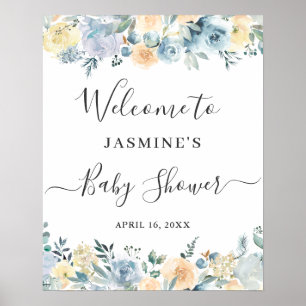 Póster Letrero de bienvenida para baby shower floral azul