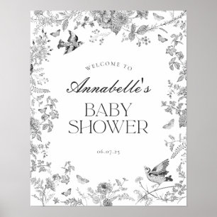 Póster Letrero de Bienvenida para Baby Shower Floral Blac