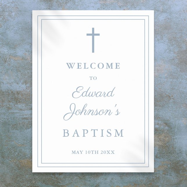 Póster Letrero de bienvenida para bautizo con borde azul  (Elegant Dusty Blue Border Baptism Welcome Sign)