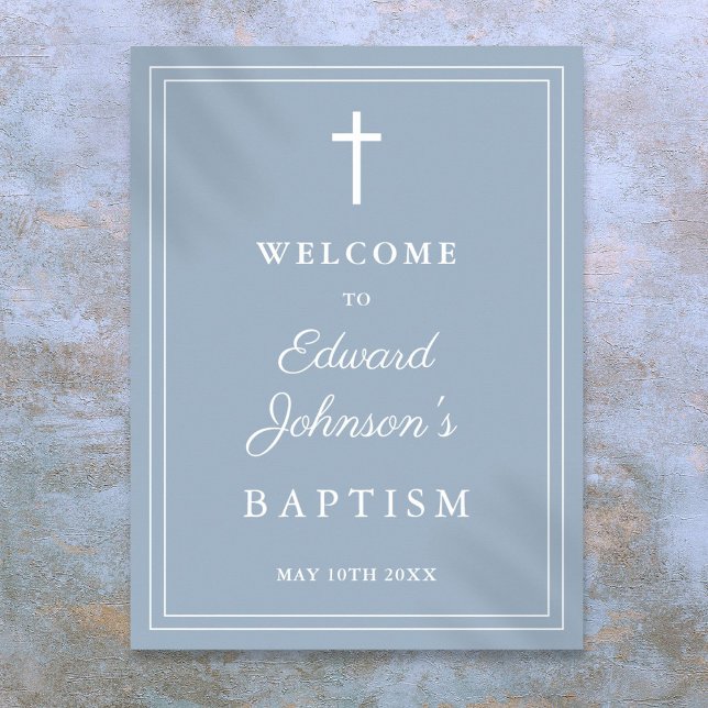Póster Letrero de bienvenida para bautizo con borde elega (Dusty Blue Elegant Border Baptism Welcome Sign)