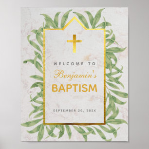 Póster Letrero de bienvenida para bautizo con mármol verd